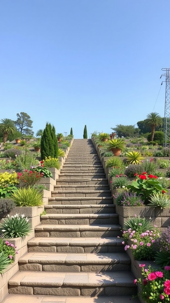 A scenic view of a terraced garden with stone steps and colorful flowers on each side.