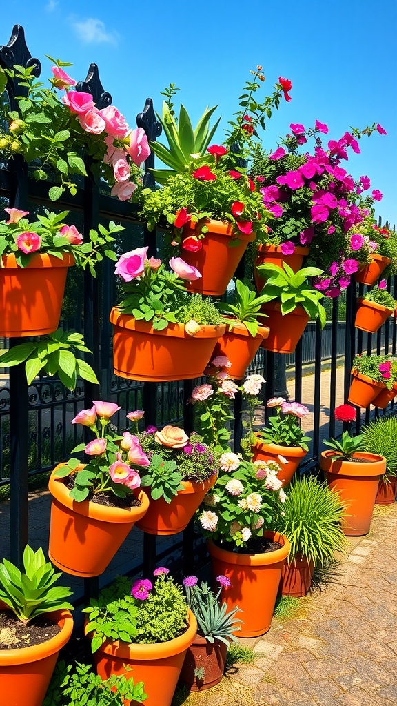 Colorful terracotta pots filled with flowers displayed on a garden fence