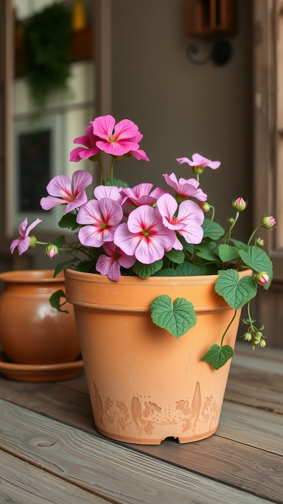 Terracotta pot with vibrant pink flowers, showcasing a vintage finish, placed on a wooden table.