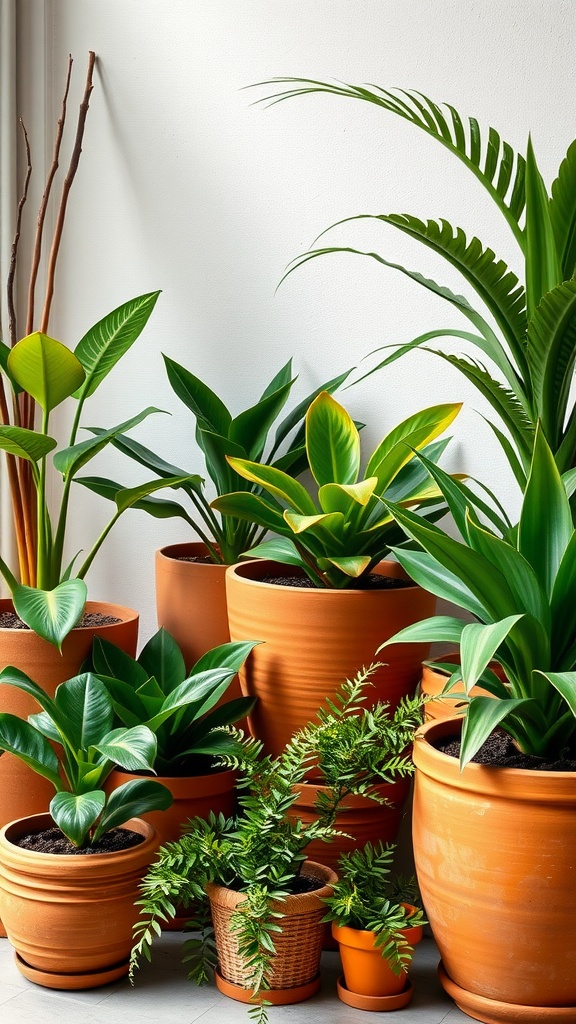 A collection of terracotta pots with various indoor plants.