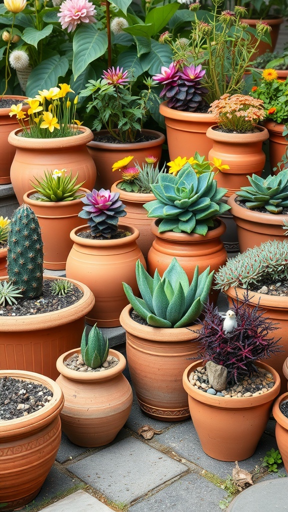An array of terracotta pots filled with colorful flowers and succulents in a garden setting.