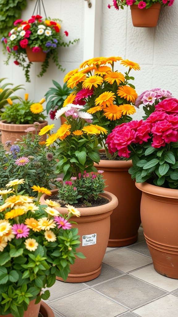 A collection of terracotta pots filled with colorful flowers, including yellow daisies and pink blooms, arranged in a small garden setting.