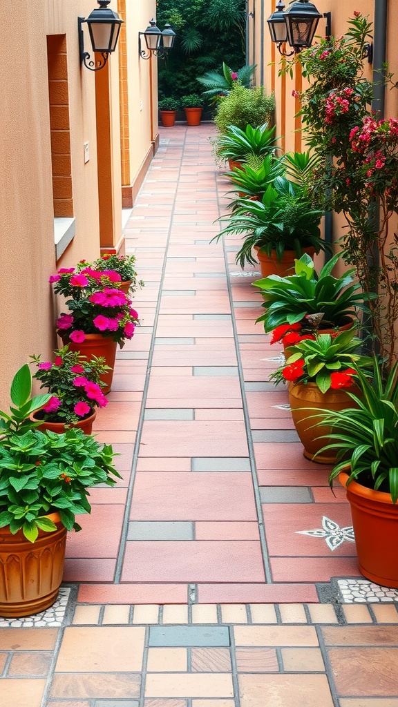 A terracotta tile pathway lined with colorful potted plants and lanterns.