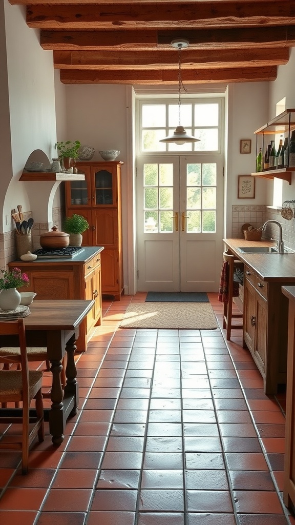 Farmhouse kitchen with terracotta tile flooring, wooden cabinets, and bright natural light.