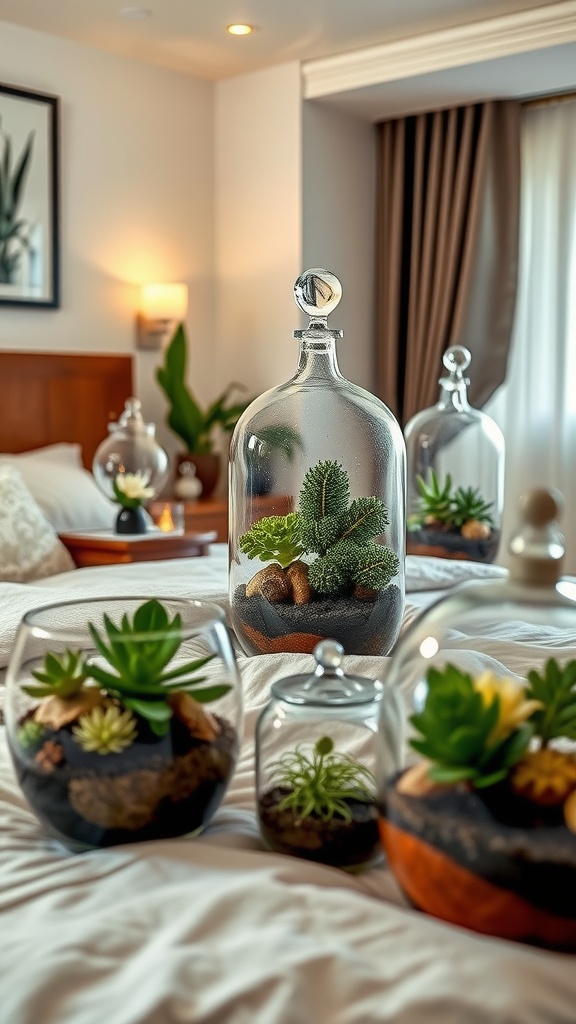 A cozy bedroom with various terrariums filled with succulents and decorative stones on a bed.