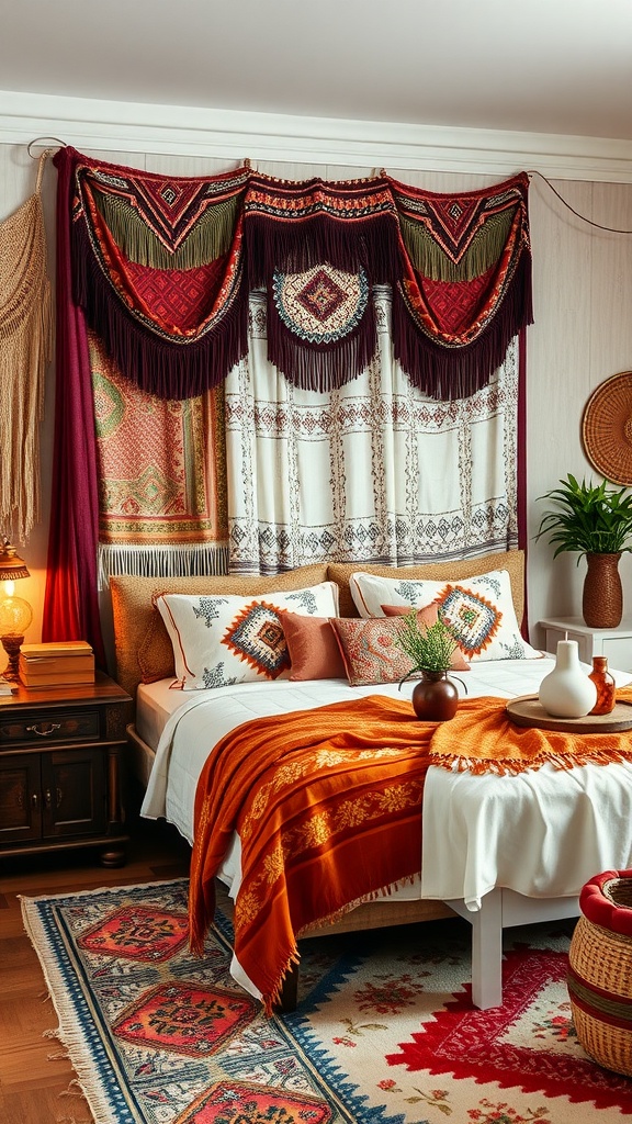 A cozy Boho eclectic bedroom with layered textiles, colorful patterns, and a warm atmosphere.