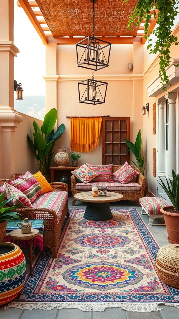 A cozy Bohemian patio with colorful textiles, a patterned rug, and lush green plants.