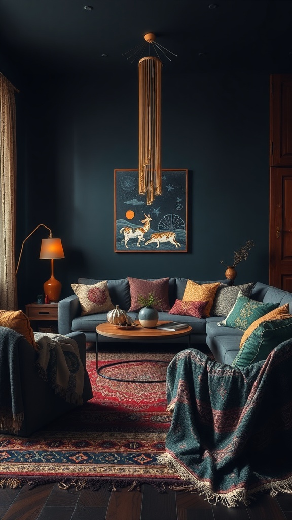 A cozy dark boho living room featuring layered textiles with rich patterns and colors.