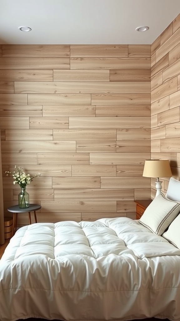 A cozy bedroom featuring a textured wooden accent wall, soft bedding, and minimalist decor.