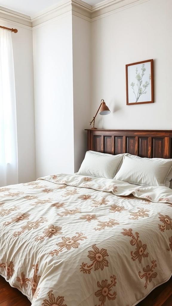 A cozy bedroom featuring a textured bedspread with floral embroidery, complemented by a wooden headboard and a minimalist design.