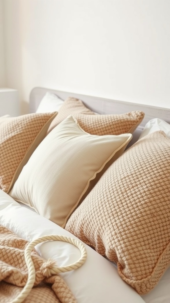 A bed with textured beige accent pillows, featuring a mix of soft and quilted fabrics.