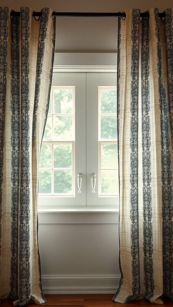 Textured black and cream curtains hanging in front of a window