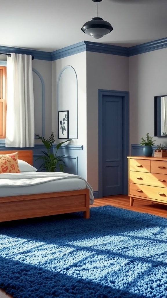 A cozy bedroom featuring a plush blue rug that enhances the boho style.