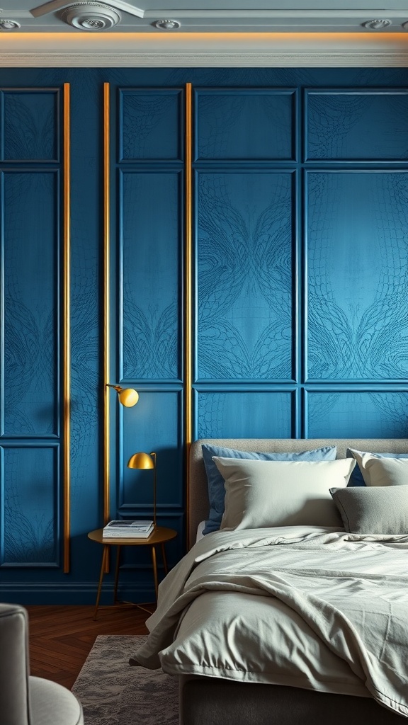 A cozy bedroom featuring textured blue wall panels with gold accents, a neatly made bed, and a stylish gold lamp.