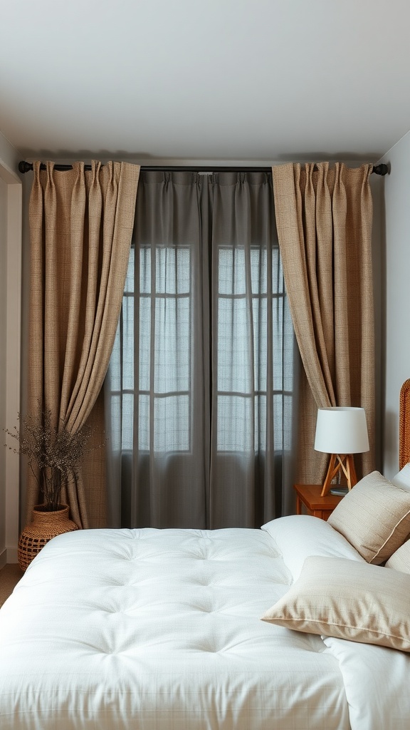 A cozy bedroom featuring textured brown and gray curtains, a white bed with a quilted cover, and a wooden bedside lamp.