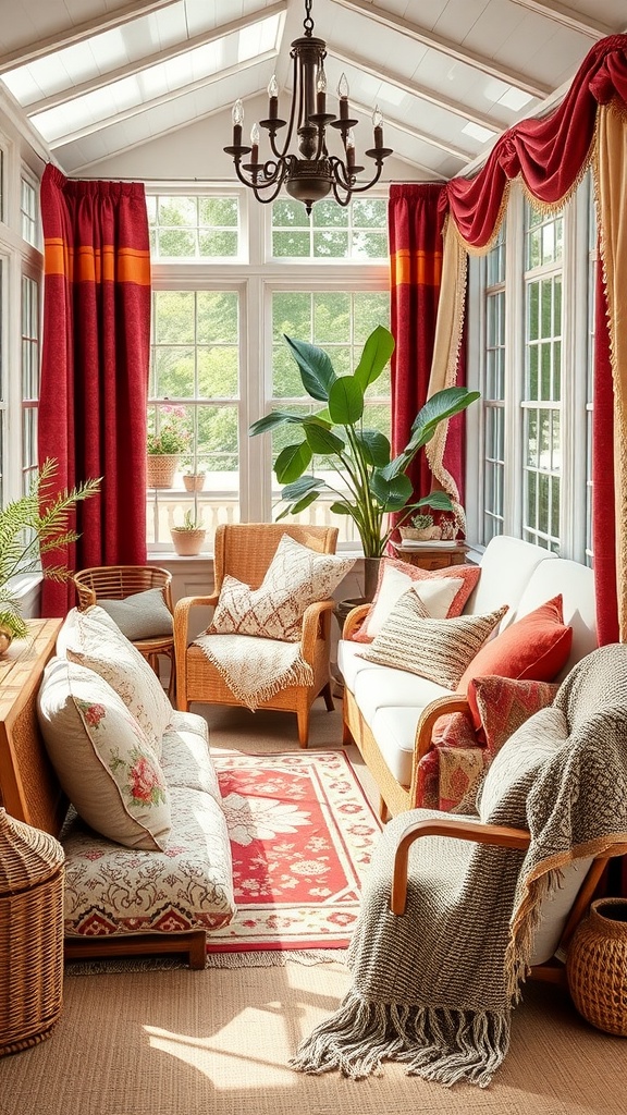 A cozy Boho-style sunroom featuring textured fabrics and vibrant patterns, with plants and comfortable seating.