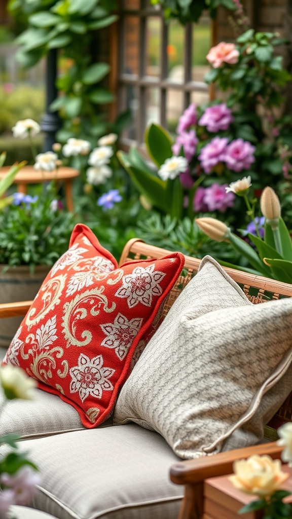 Two textured garden pillows on a seating area in a garden