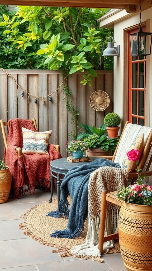 A cozy patio featuring various textured throw blankets on chairs, surrounded by plants and decorative elements.