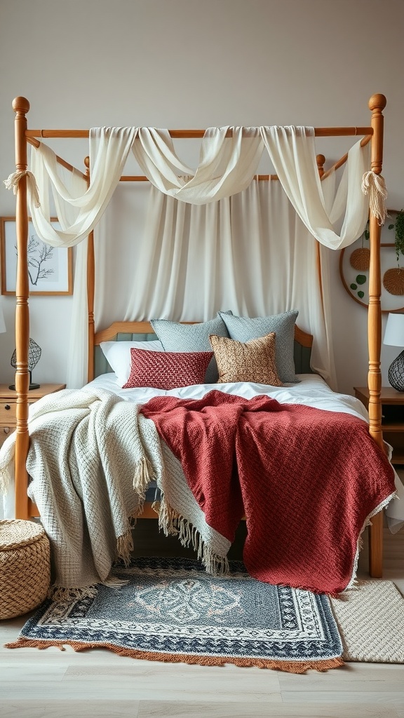 A cozy bohemian bedroom featuring a canopy bed with layered textured throw blankets in red and cream.