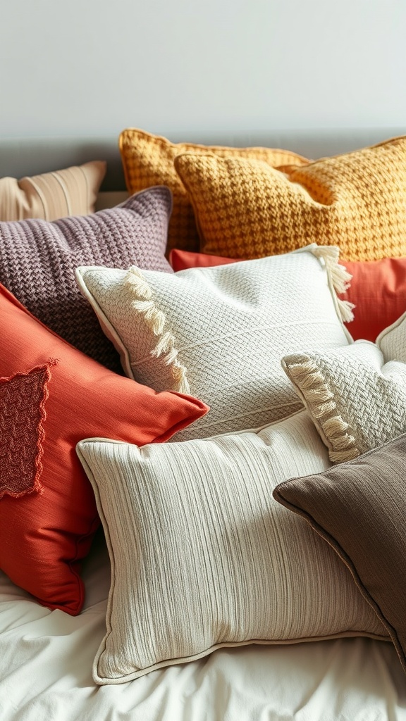 A variety of textured throw pillows in warm colors arranged on a bed