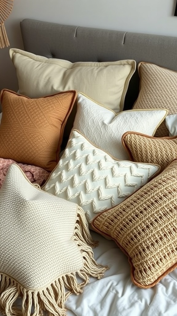 A cozy arrangement of textured throw pillows in warm tones on a bed.