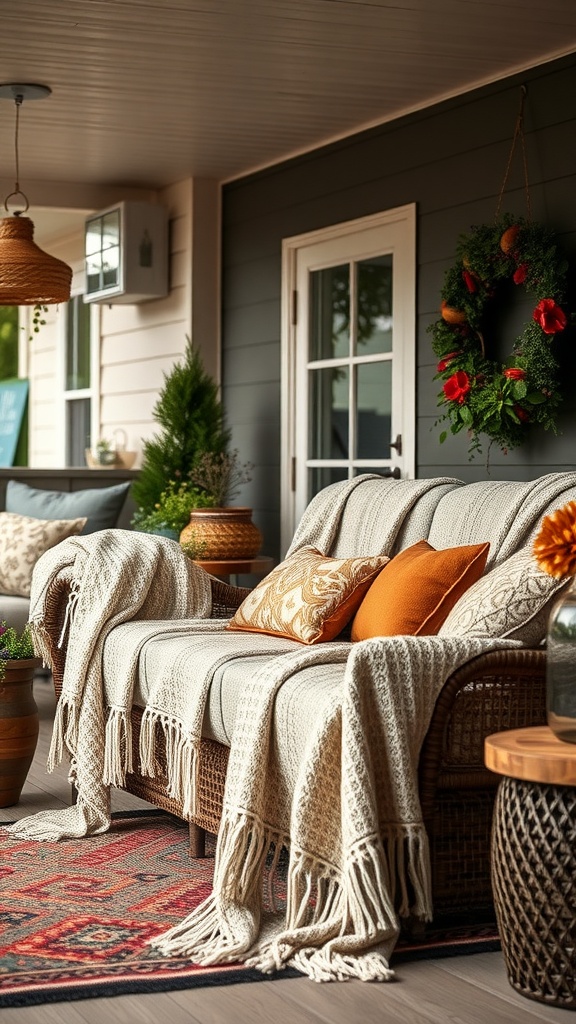 Cozy back porch with a sofa draped in textured throws, featuring decorative pillows and a patterned rug.