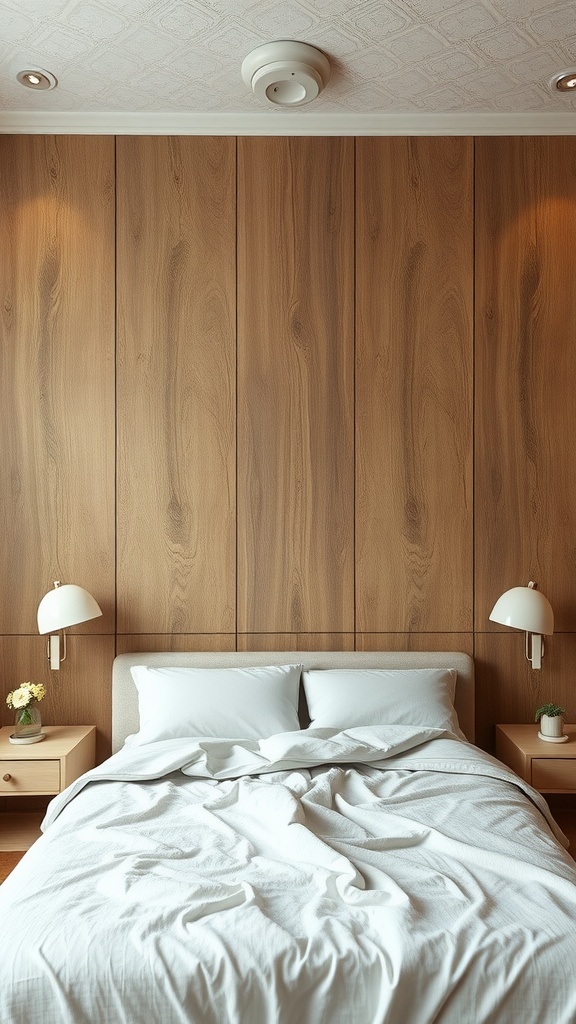 A cozy bedroom featuring a wooden textured wall, soft bedding, and warm lighting.