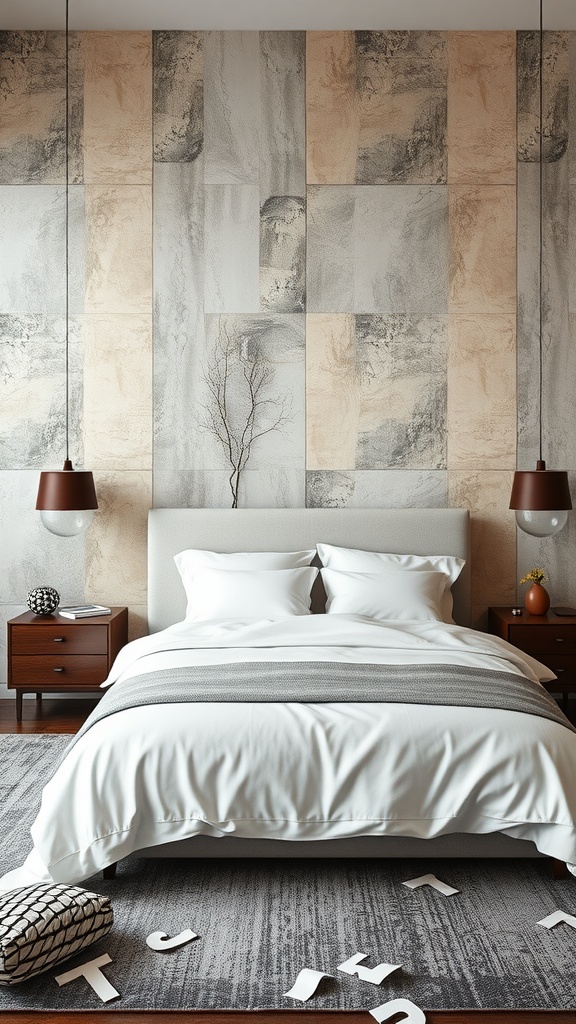 A stylish bedroom featuring textured wall treatments in soft beige and gray tones, with a cozy bed and pendant lighting.