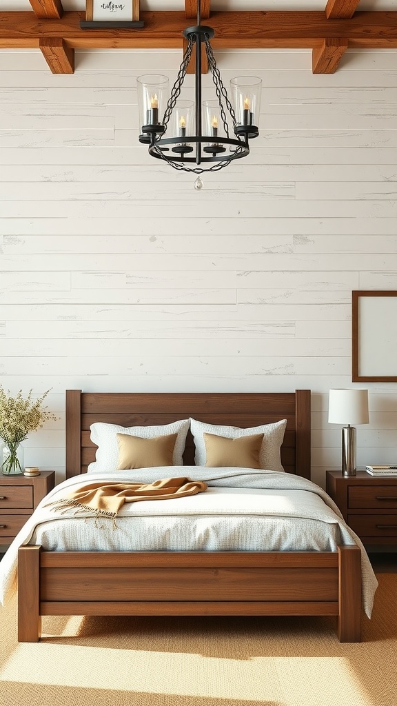 Bedroom featuring a textured wooden wall, a wooden bed, and a chandelier.
