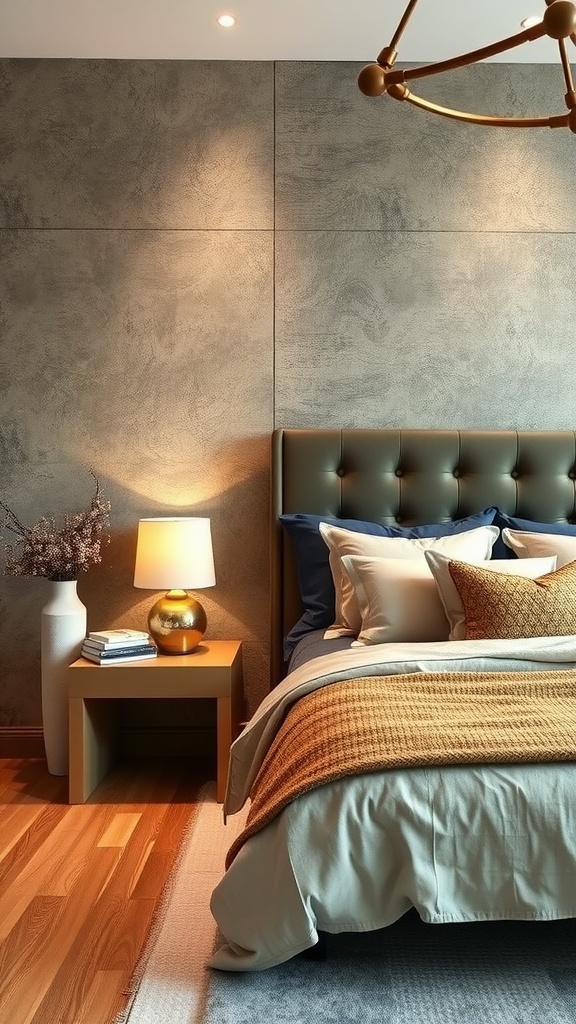 A stylish bedroom featuring textured wall treatments in soft beige and gray tones, with a cozy bed and pendant lighting.