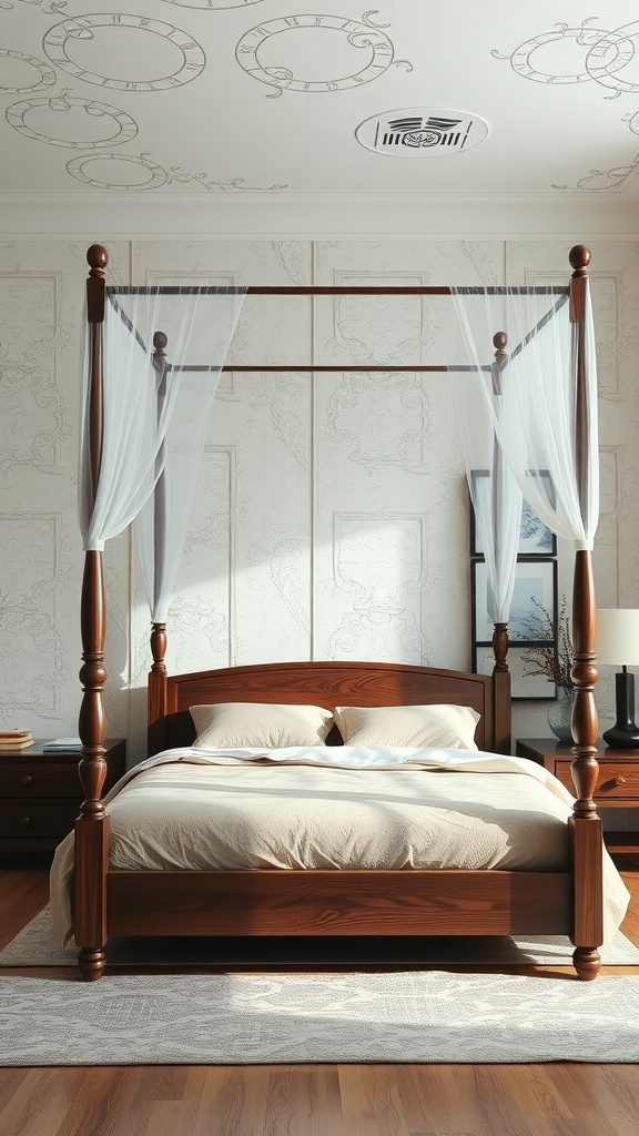 A serene boho bedroom featuring a canopy bed with textured wall treatments and elegant ceiling designs.