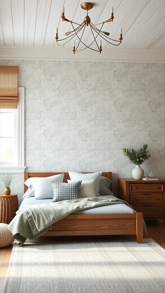 A cozy farmhouse glam bedroom featuring textured wallpaper, a wooden bed frame, and soft linens.