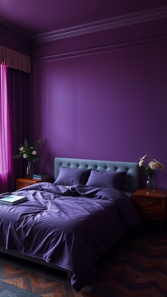 A cozy bedroom featuring deep purple walls and bedding, with floral accents and warm wooden furniture.
