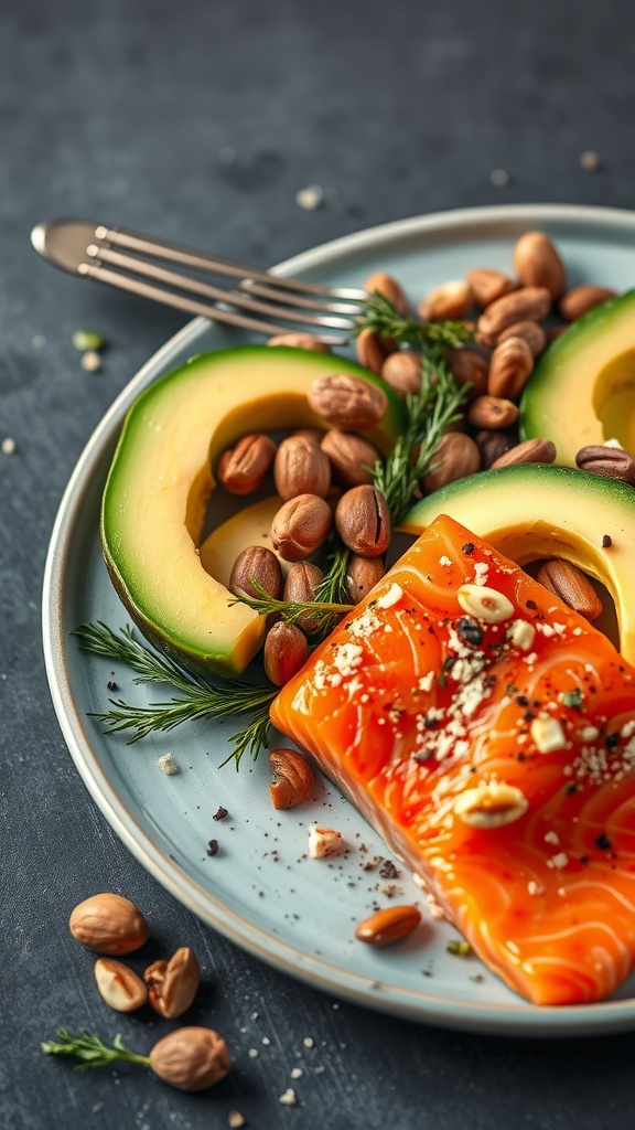A plate of salmon, sliced avocado, and assorted nuts, highlighting the benefits of omega-3 fatty acids.