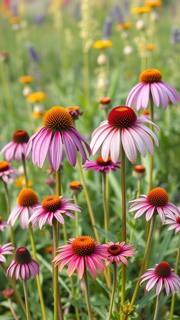 A colorful field of Echinacea flowers, showcasing different types with vibrant pink and orange hues.