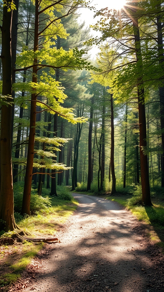 A serene forest path with sunlight filtering through tall trees, creating a calming atmosphere.