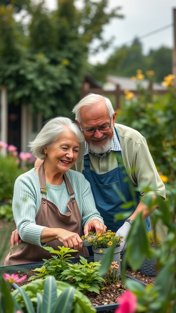 An older couple happily gardening together, showcasing the importance of social connections.