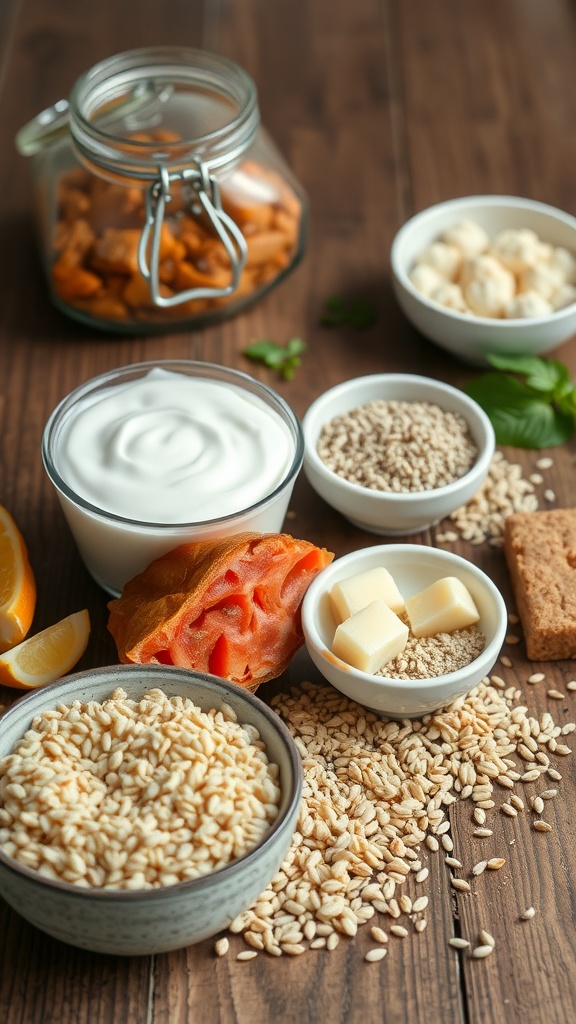 A variety of healthy foods for gut health, including yogurt, grains, fruits, and seeds, on a wooden surface.