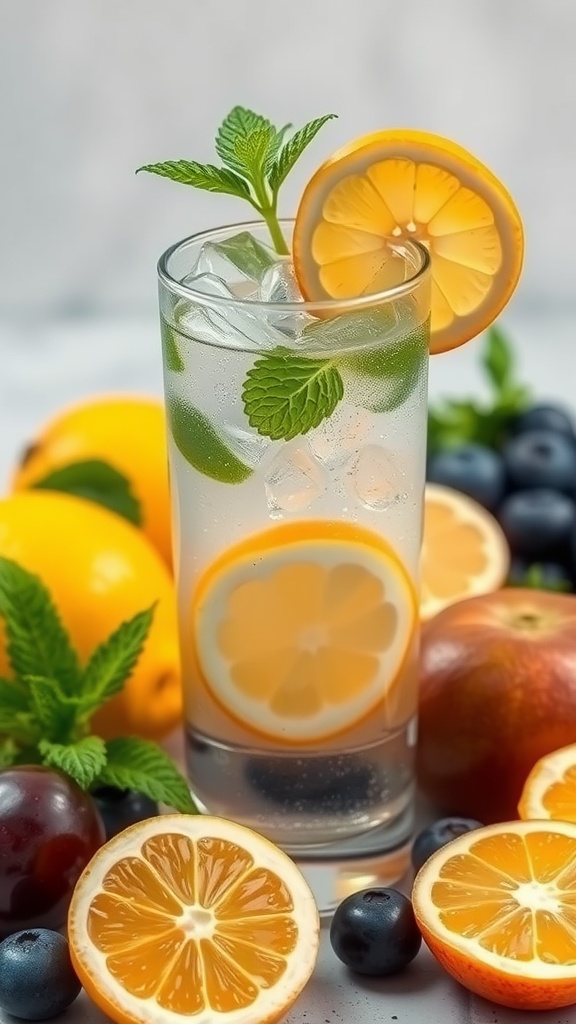 A refreshing drink with lemon slices and mint surrounded by fruits.