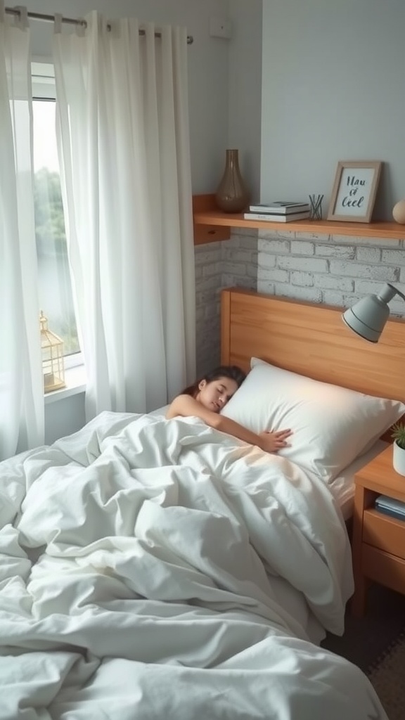 A peaceful bedroom with a person sleeping comfortably under white blankets.