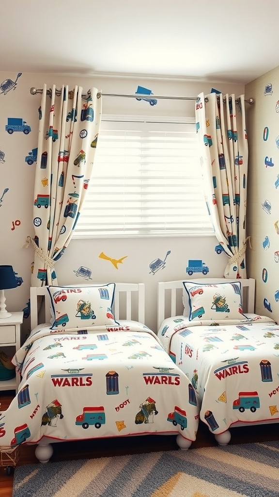 A cozy Twin Boys Bedroom with truck-themed bedding and matching curtains