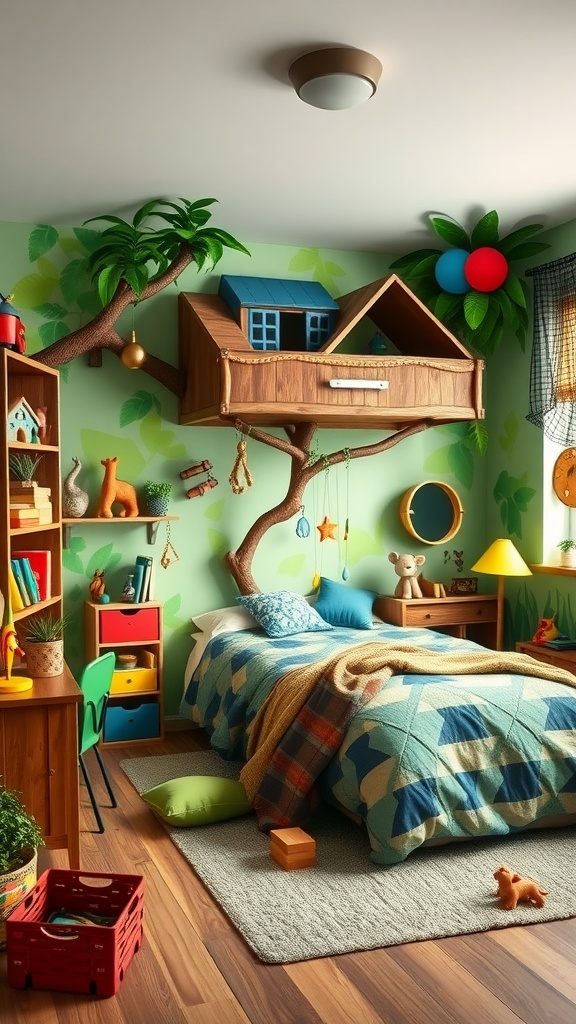 A vibrant boys bedroom featuring a treehouse bed, colorful shelves, and playful decor, designed for imaginative play.