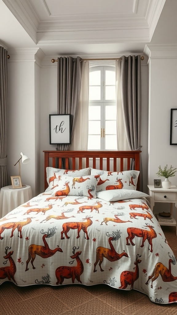 A cozy teenager's bedroom featuring a bed with a deer-themed bedspread, complemented by stylish curtains and a warm color scheme.