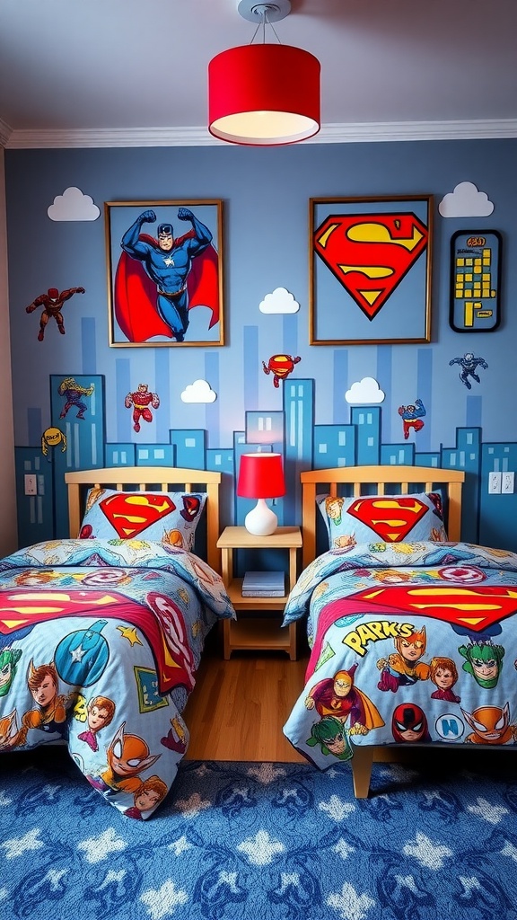 A colorful Twin Boys Bedroom featuring superhero-themed decor with two beds and playful wall art.