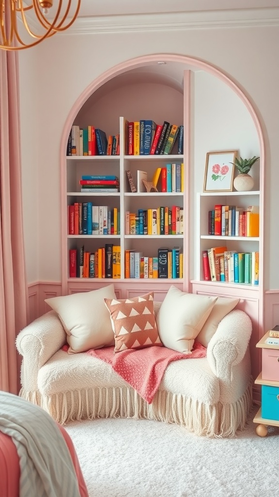 Cozy reading nook with plush sofa and colorful bookshelves.