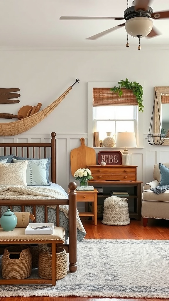 A cozy farmhouse chic bedroom featuring a wooden bed, colorful pillows, woven baskets, and warm lighting.