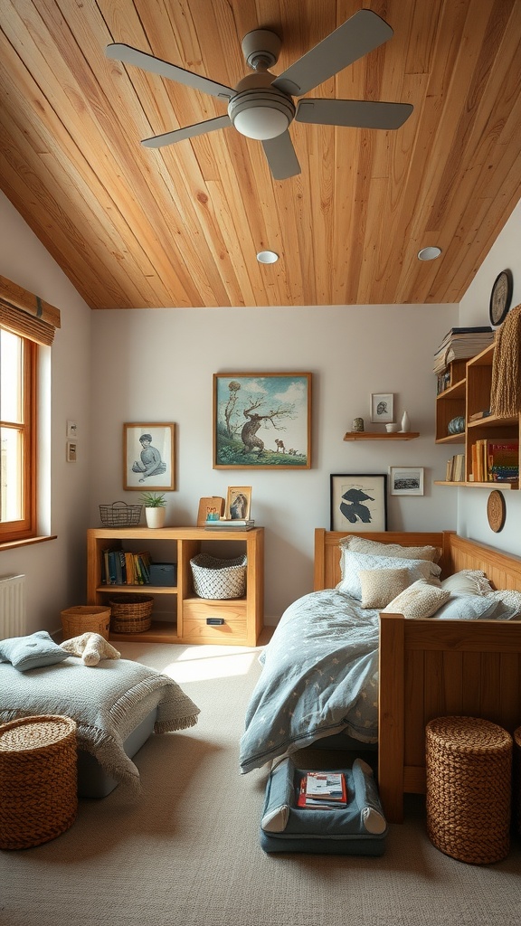 A cozy boy's bedroom featuring timber accents, rustic decor, and organized storage