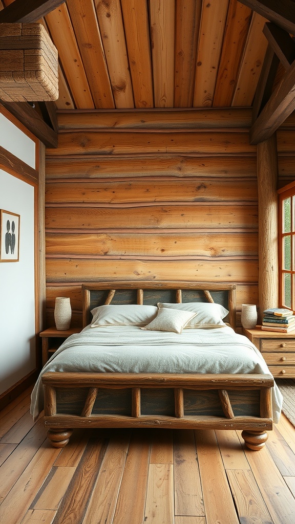A rustic bedroom featuring timber walls, a wooden bed, and natural lighting.