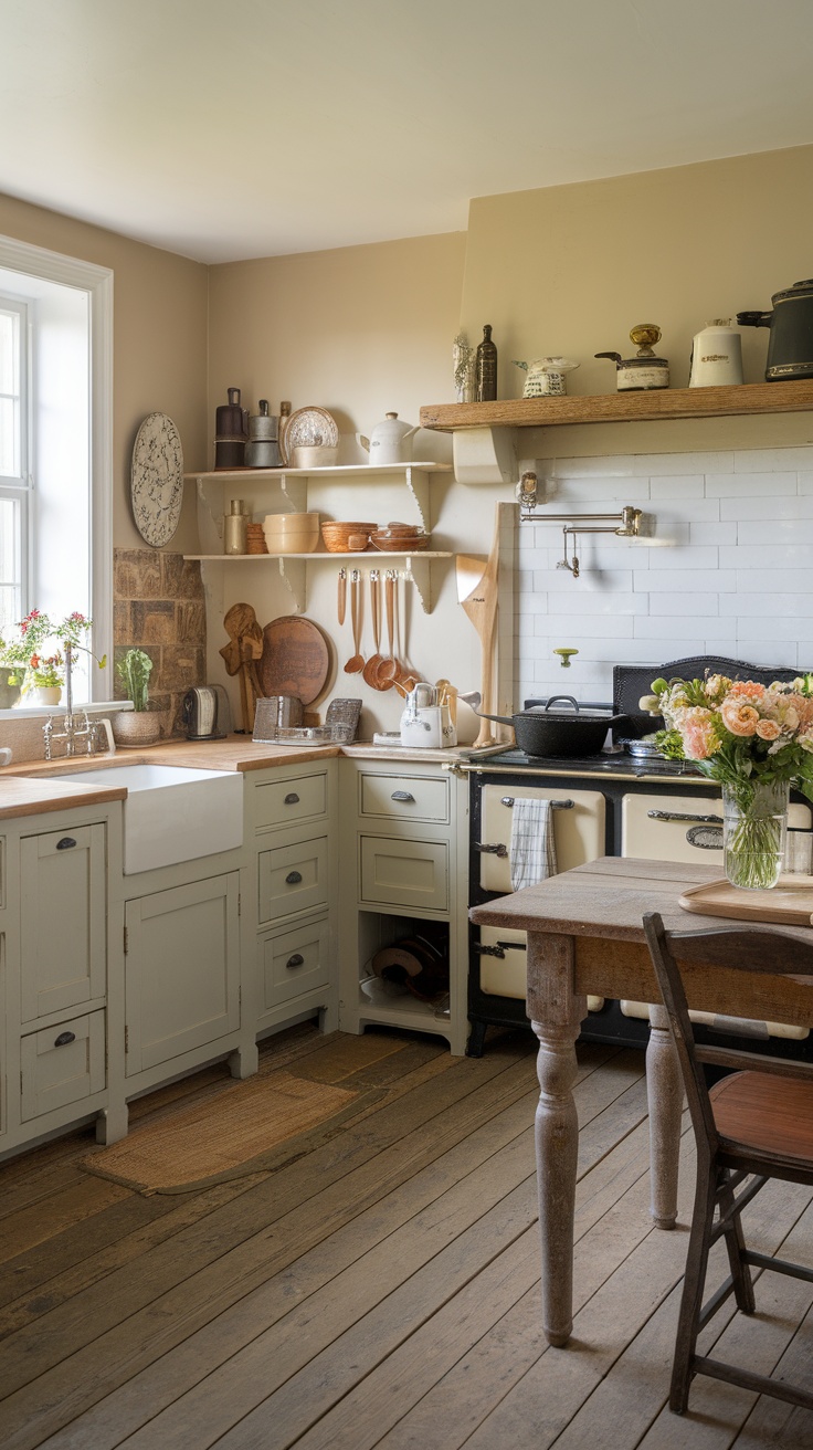 A cozy farmhouse kitchen featuring antique wood plank flooring, with a rustic style and warm decor.