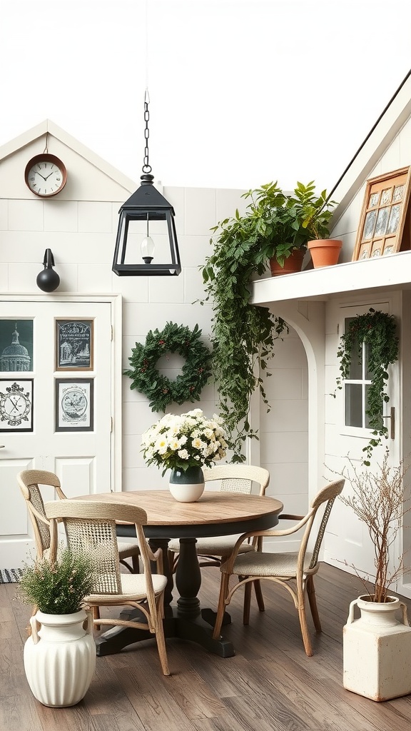 A cozy farmhouse-inspired dining area with a round wooden table, light-colored chairs, and greenery.